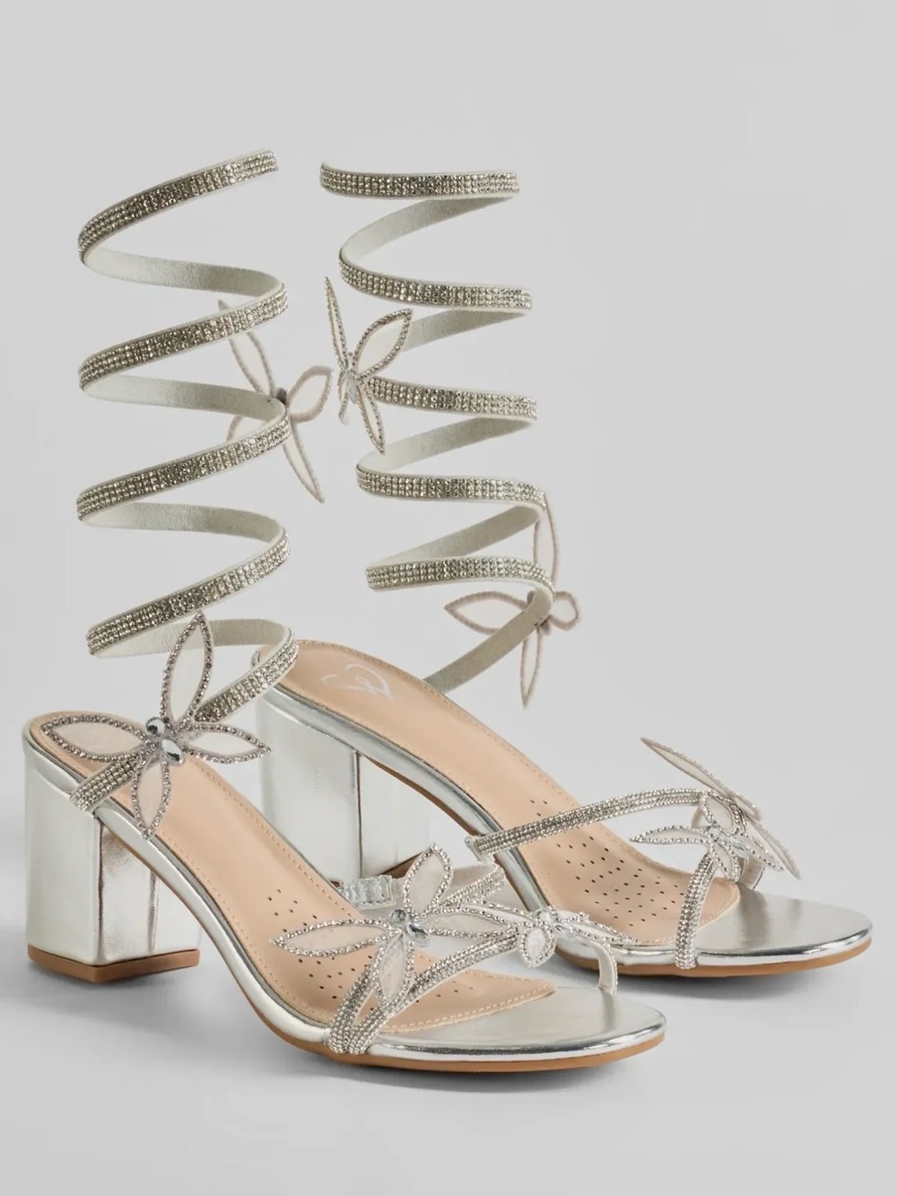 Silver Rhinestone Spiral Lace Block Heel Sandals